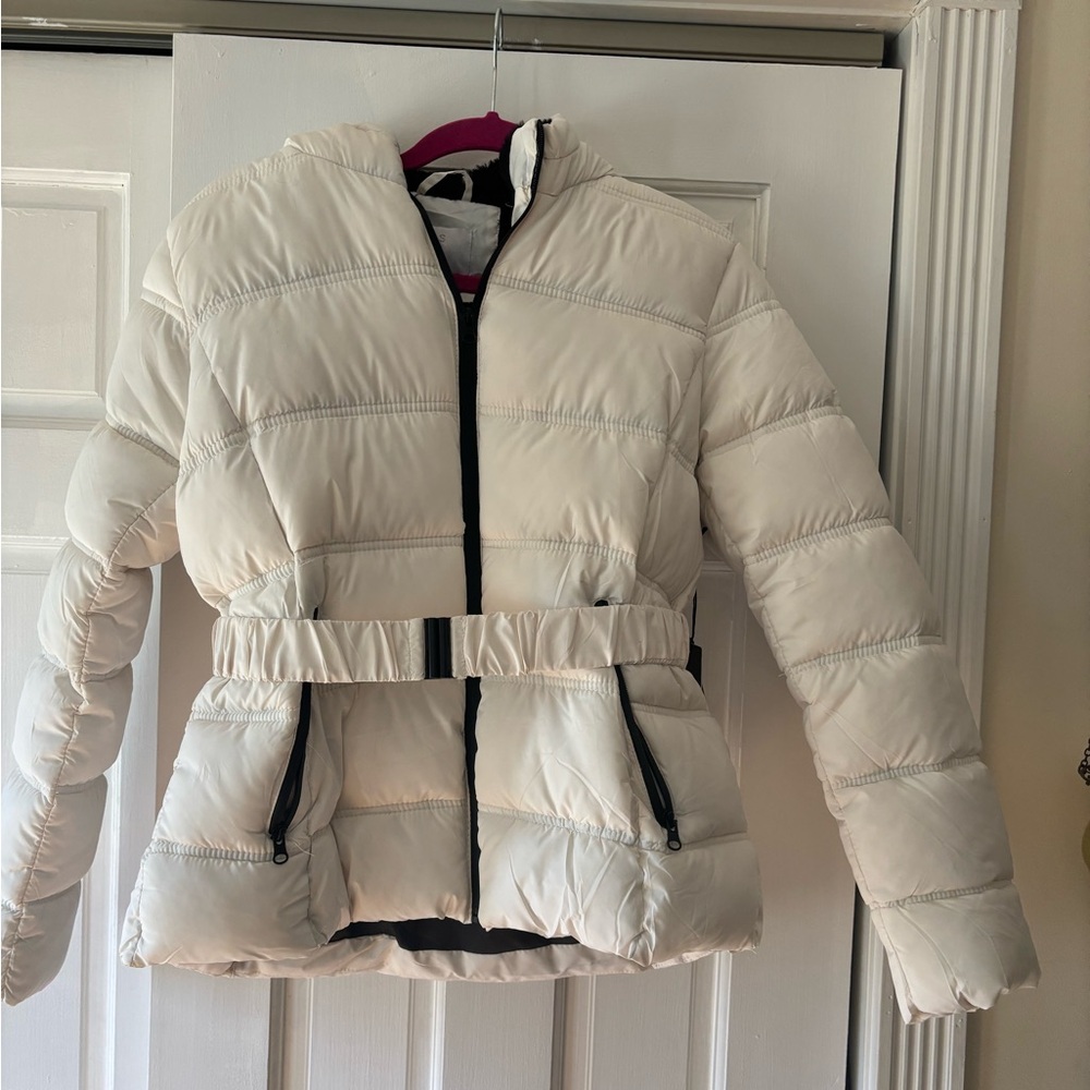 iris Off-White Belted Puffer Jacket with Black Trim